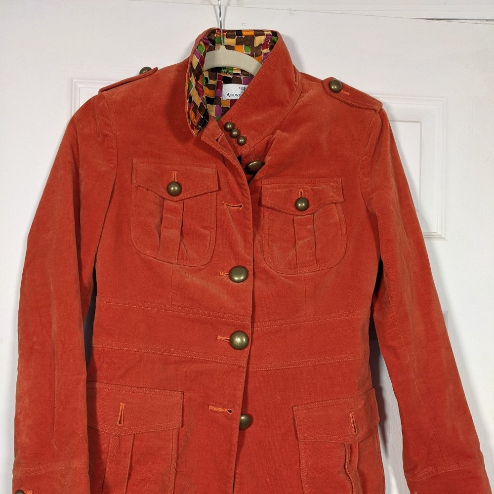 Fun Vintage Looking Orange Velvet Fitted Jacket with Cool Brass Buttons